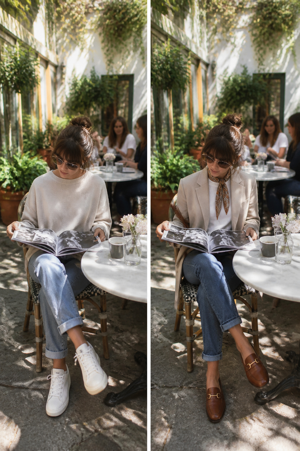 A person looking at an image of a style icon for fashion inspiration.