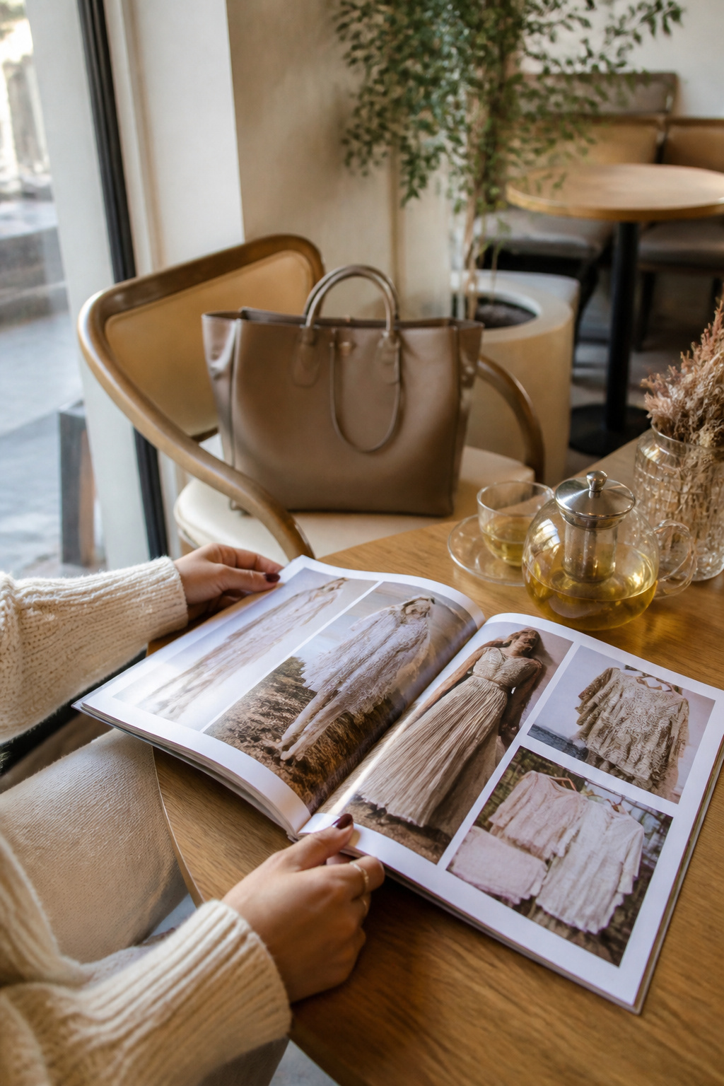 A person reading a fashion magazine in a café with a cup of tea.