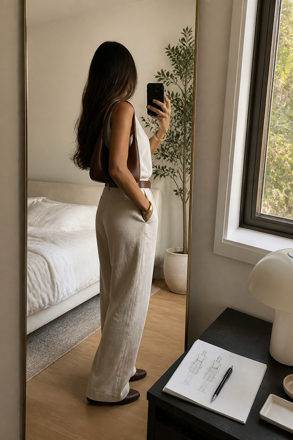 A person taking a selfie in front of a mirror with a notebook nearby.