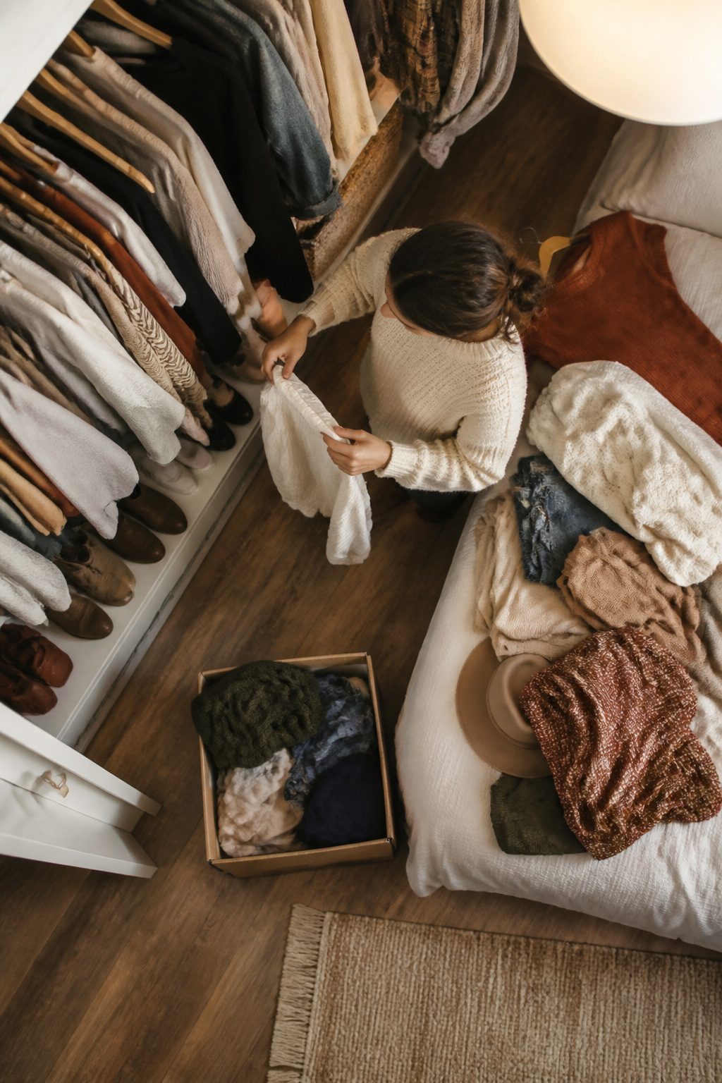 A person reviewing clothes in a closet, assessing their wardrobe.