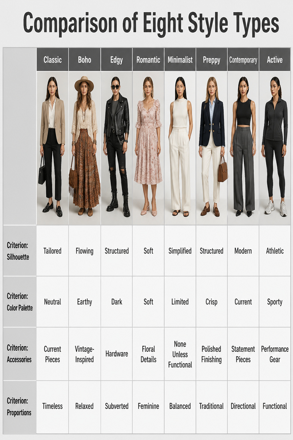 An infographic comparing eight different fashion style types.