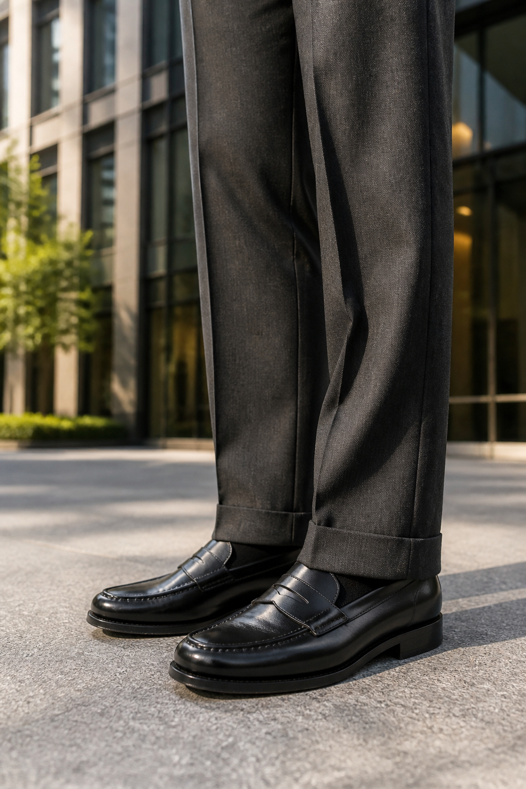 How to Style Loafers: 8 Outfit Ideas for Every Occasion in 2026 1 Tailored trousers and G.H. Bass Larson Weejuns loafers in an urban environment.