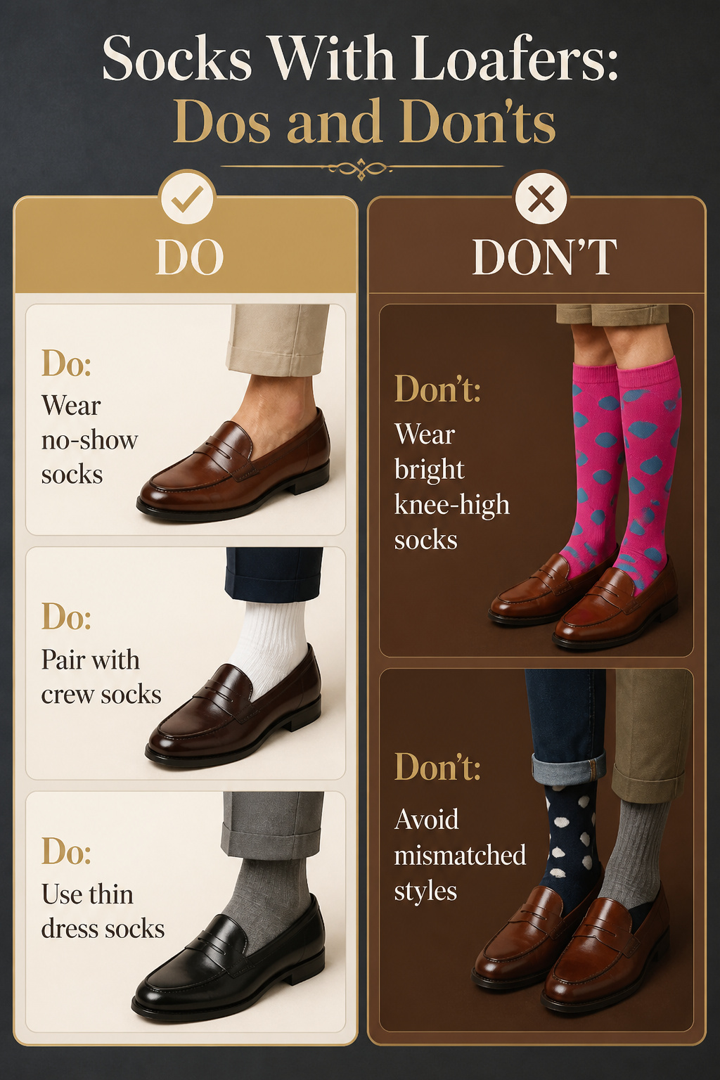 How to Style Loafers: 8 Outfit Ideas for Every Occasion in 2026 11 Different sock styles paired with loafers in a fashion guide.
