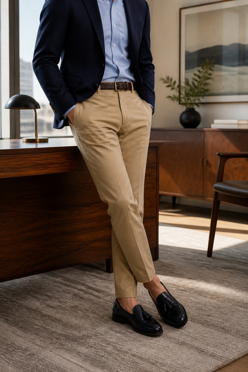 How to Style Loafers: 8 Outfit Ideas for Every Occasion in 2026 5 Chinos and navy loafers featured in a contemporary office interior.