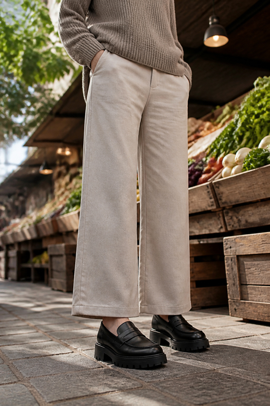 How to Style Loafers: 8 Outfit Ideas for Every Occasion in 2026 8 Wide-leg trousers paired with chunky loafers in a fashion-forward look.