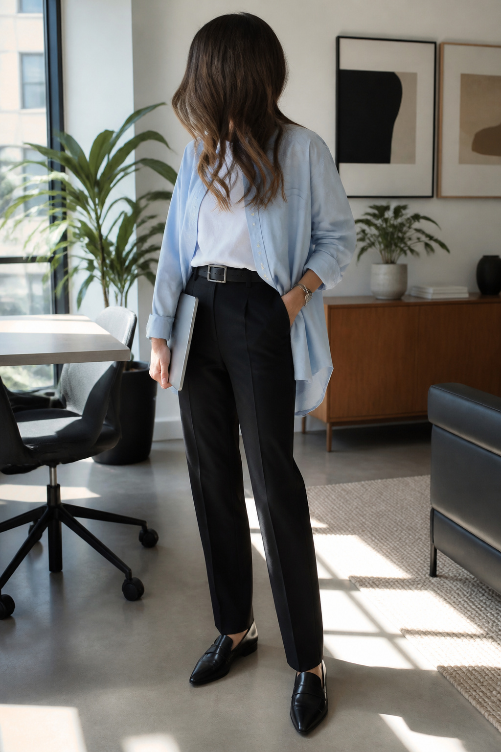 How to Style Oversized Shirt: 15 Wearable Outfit Ideas for 2026 2 Model in a light blue oversized shirt and tailored black trousers at work.