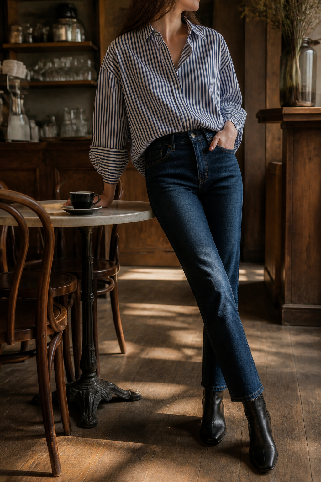 How to Style Oversized Shirt: 15 Wearable Outfit Ideas for 2026 4 Model in a navy and white striped oversized shirt and dark wash jeans.