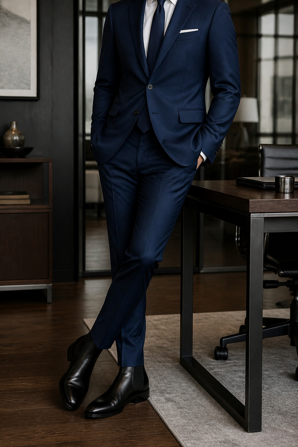 Black Chelsea boots paired with a charcoal suit in a formal setting.