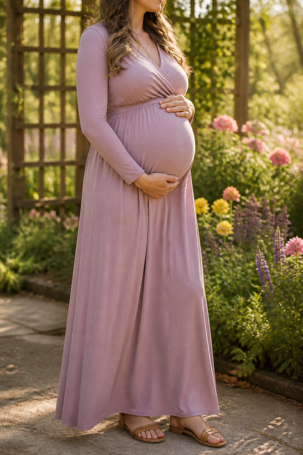 Maternity Dresses: Styles for Every Stage and Occasion 1 Expectant woman in a maxi dress sitting outdoors.