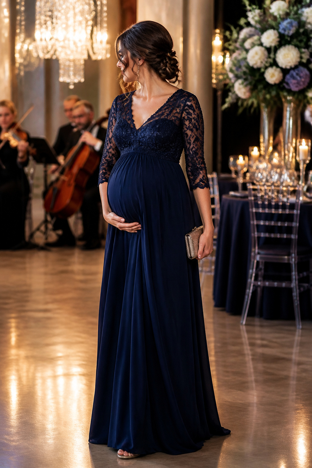 Maternity Dresses: Styles for Every Stage and Occasion 10 Expectant mother in a formal maternity gown at a black-tie event.