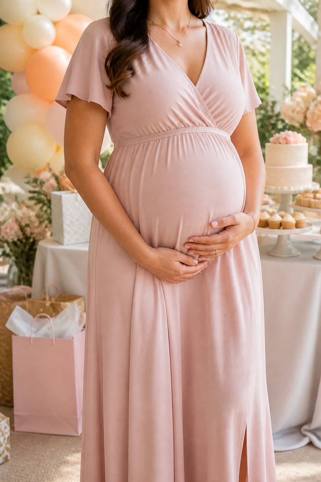 Maternity Dresses: Styles for Every Stage and Occasion 12 Expectant mother in a comfortable dress at a baby shower.