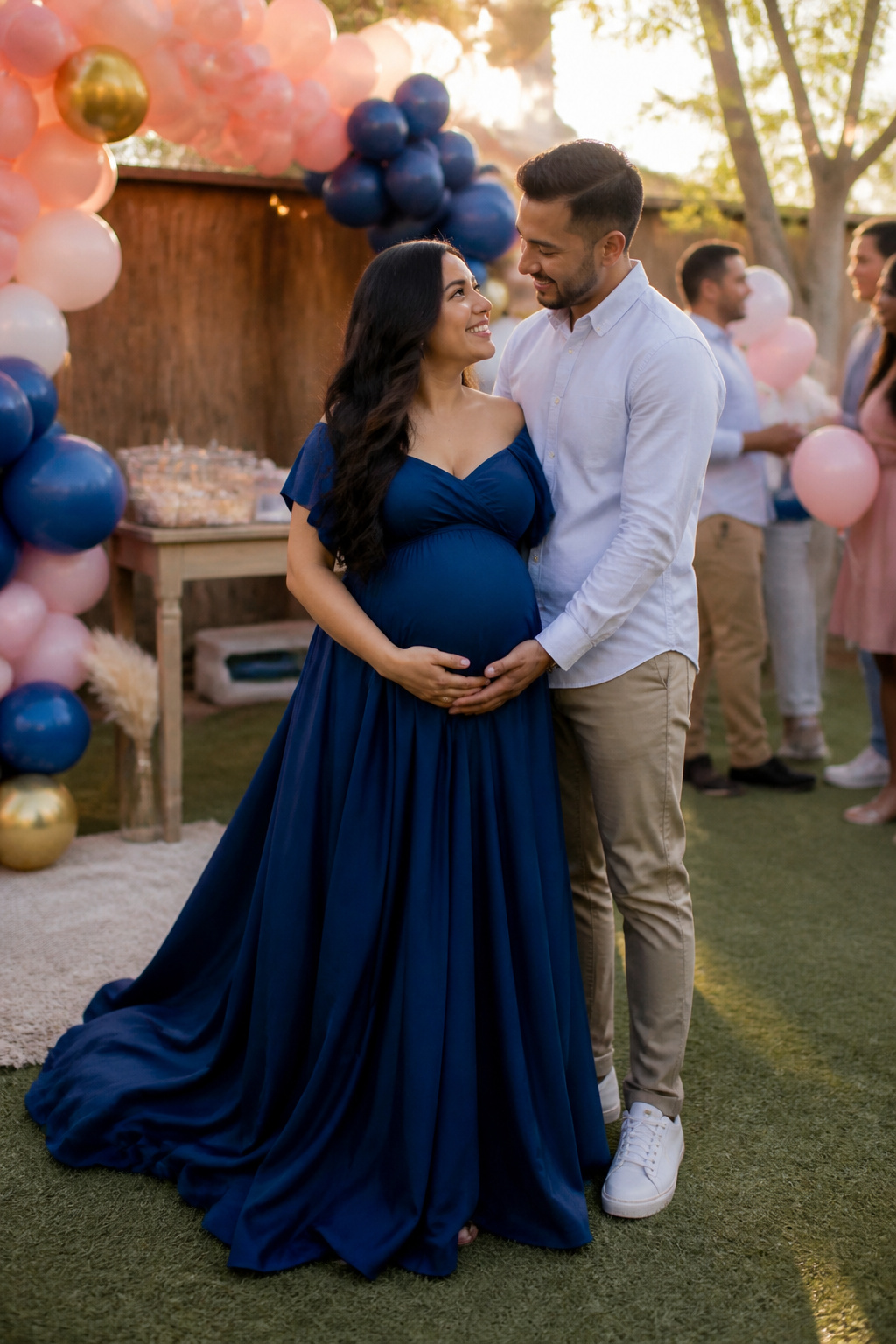Maternity Dresses: Styles for Every Stage and Occasion 15 Expectant couple preparing for a gender reveal party in a blue dress.