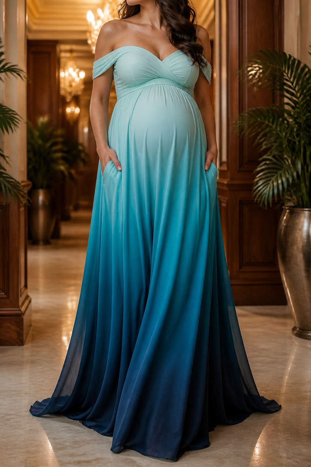 Maternity Dresses: Styles for Every Stage and Occasion 2 Expectant mother wearing a formal full-length maternity gown.