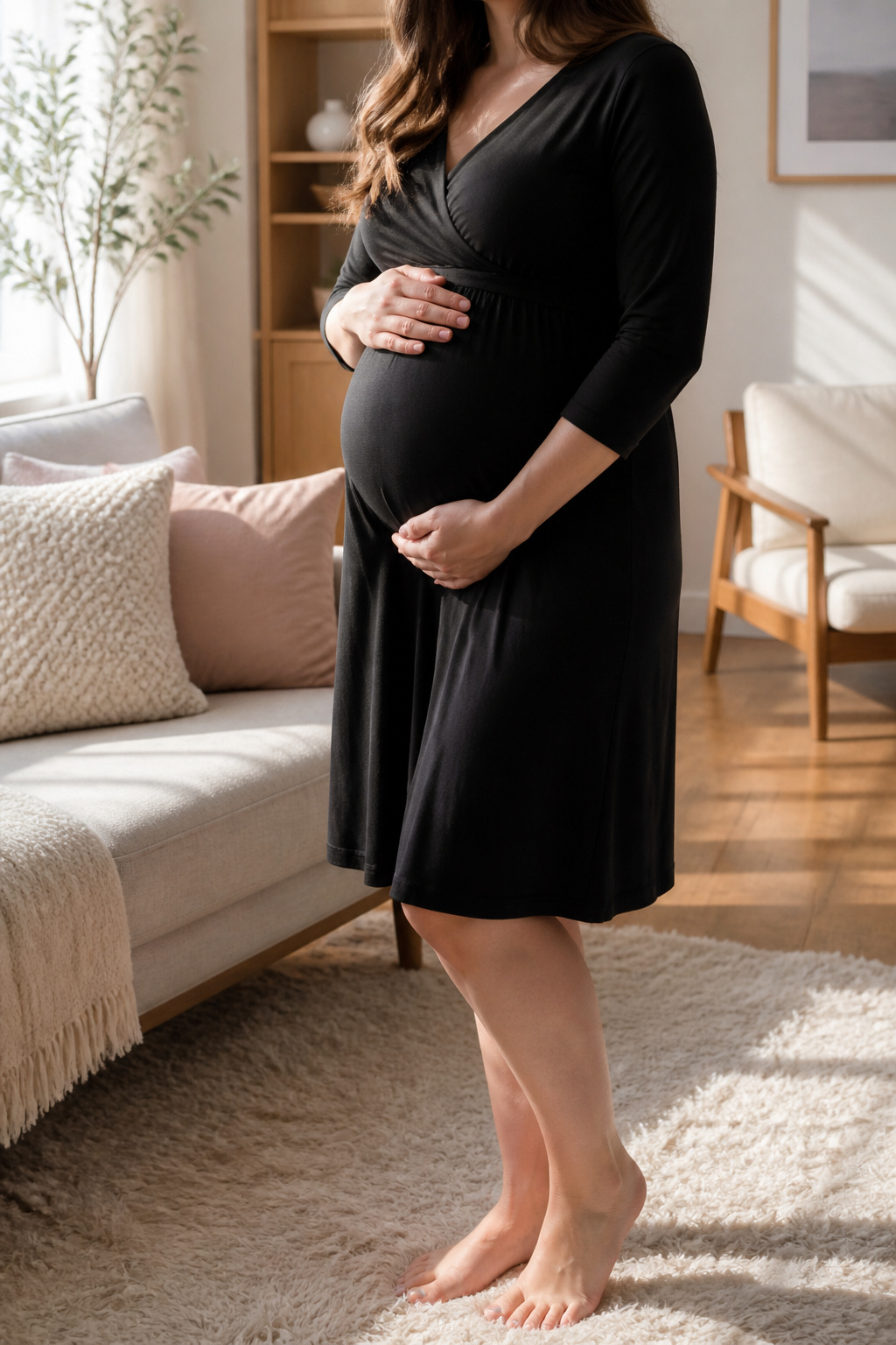 Maternity Dresses: Styles for Every Stage and Occasion 21 Expectant mother in a nursing dress in a sunlit living room.