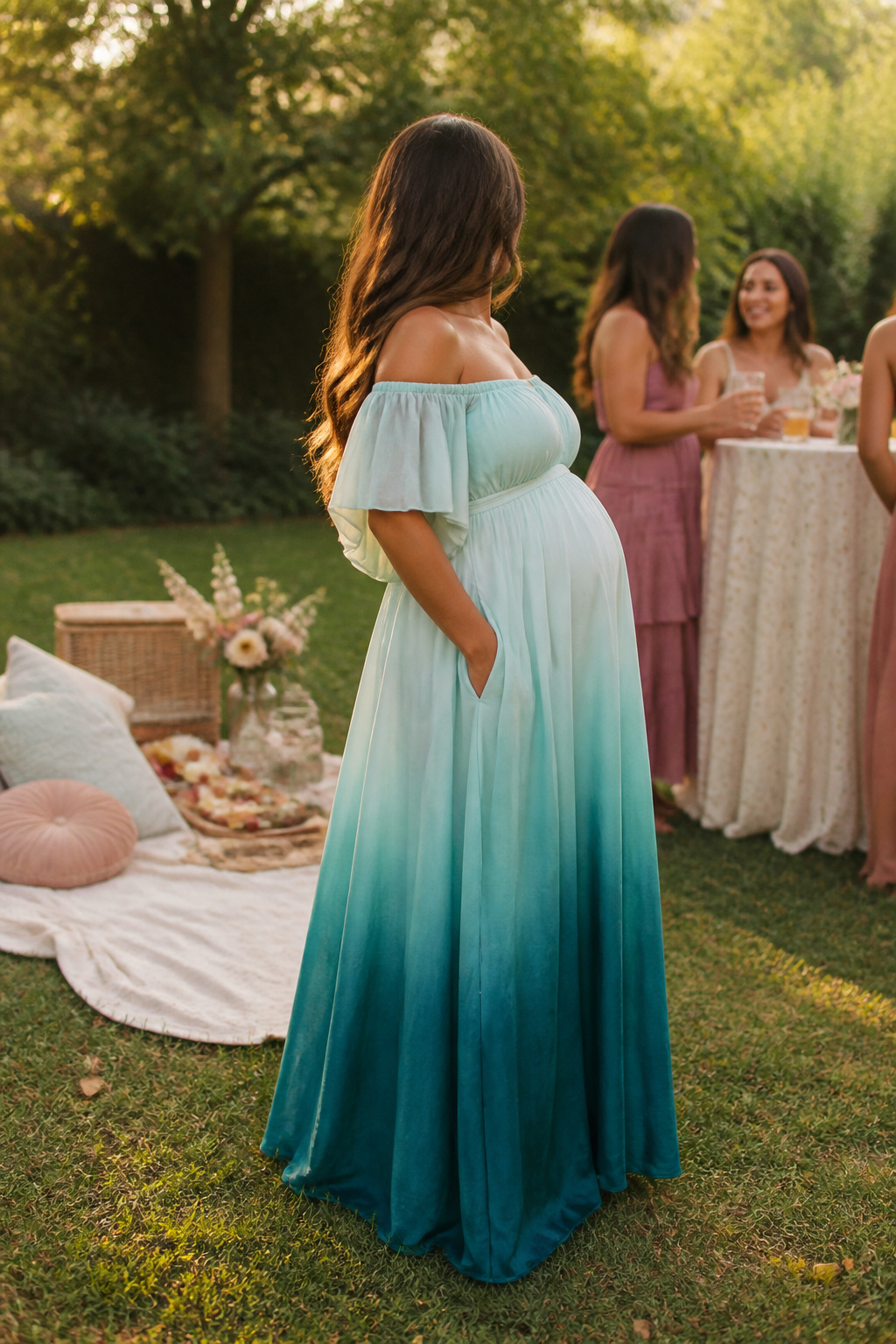 Maternity Dresses: Styles for Every Stage and Occasion 5 Expectant mother in an off-the-shoulder maternity gown outdoors.