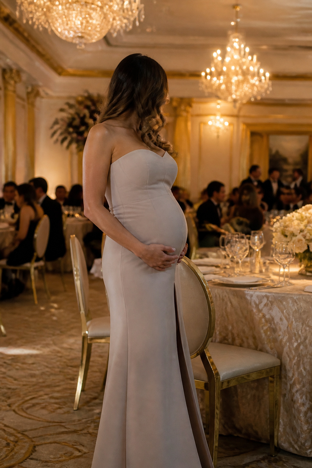 Maternity Dresses: Styles for Every Stage and Occasion 6 Expectant mother in a strapless dress at a decorated ballroom.