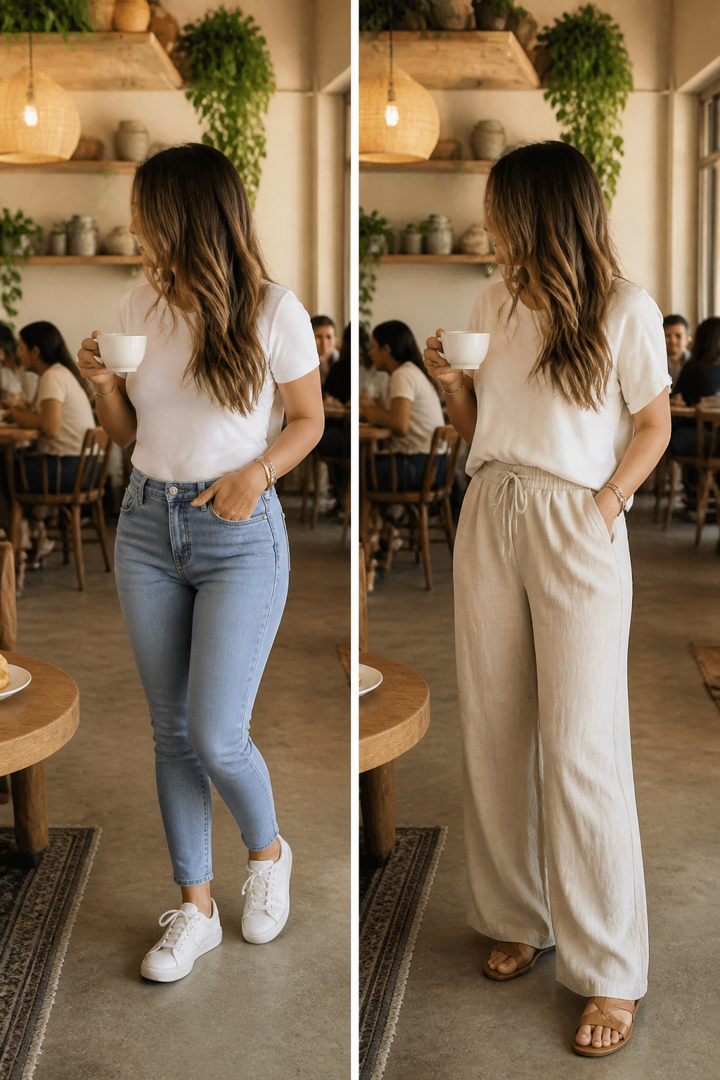 Woman in relaxed denim showcasing a modern mom outfit.