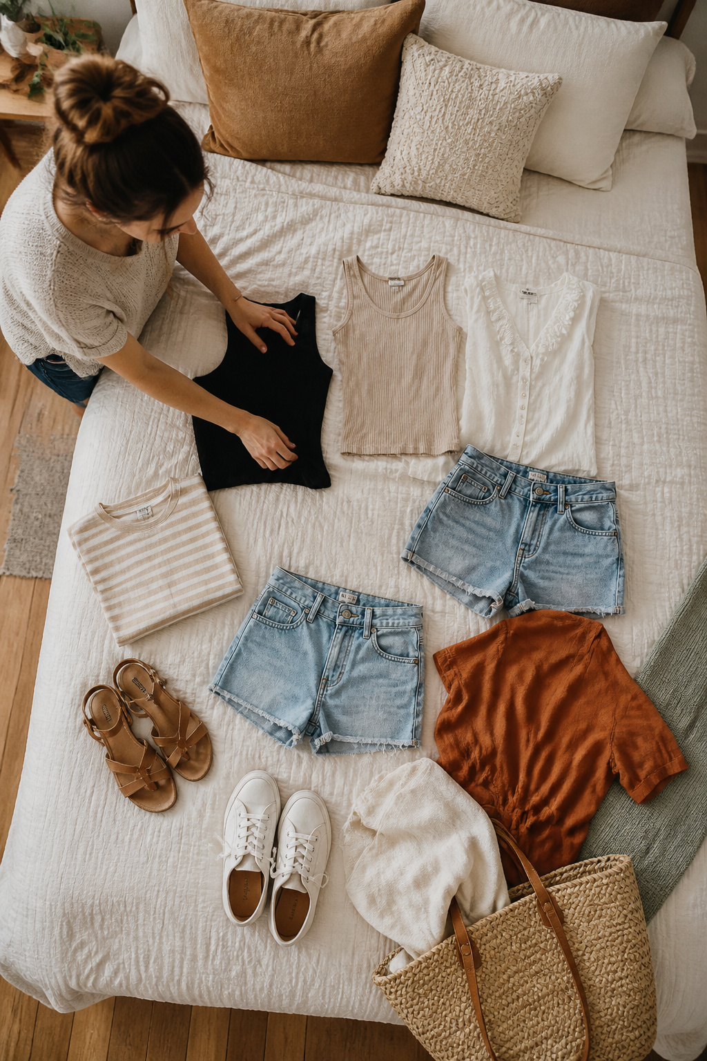 A collection of outfits displayed across a bed.