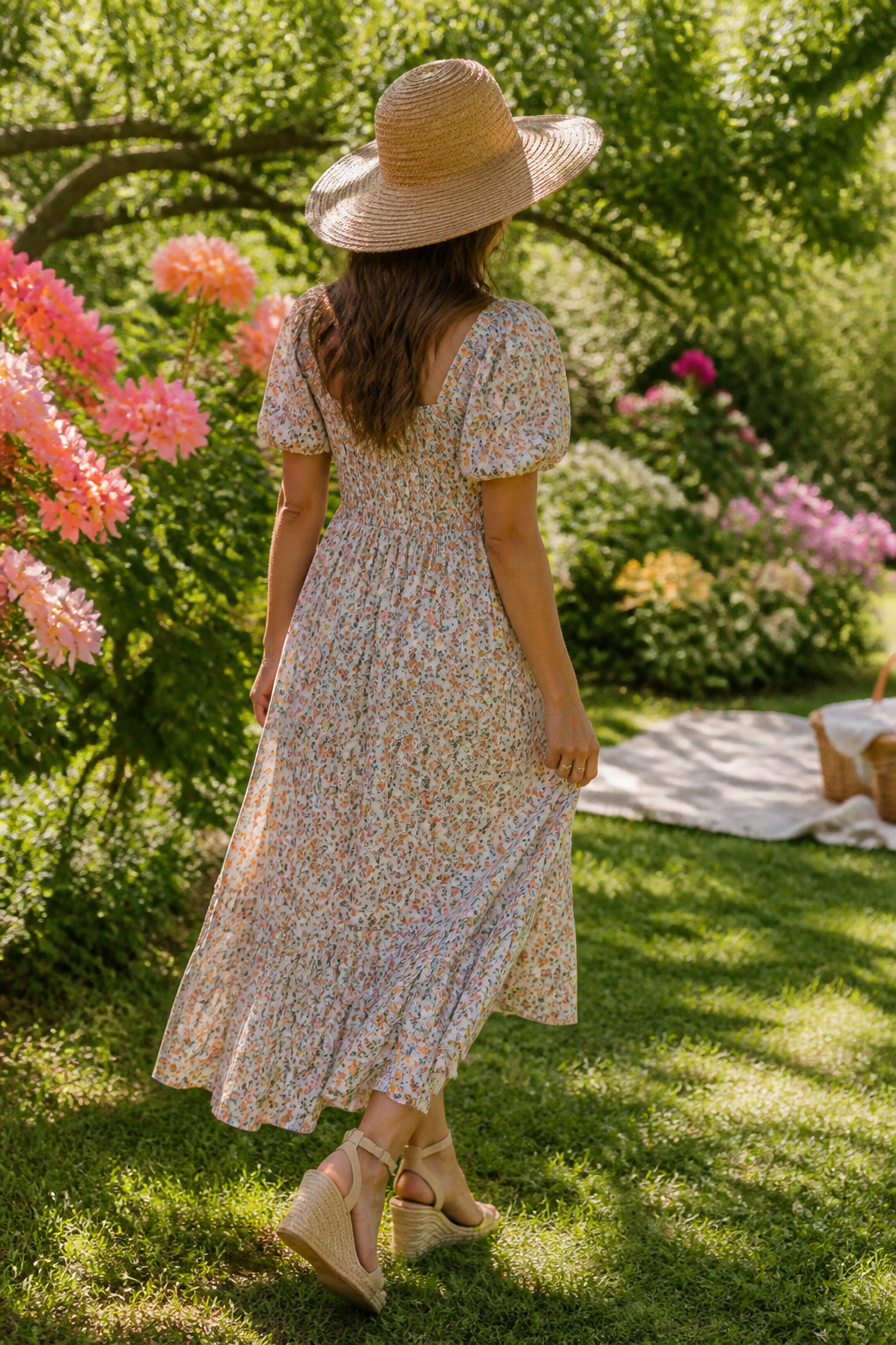 Woman in a print dress and sun hat surrounded by flowers.