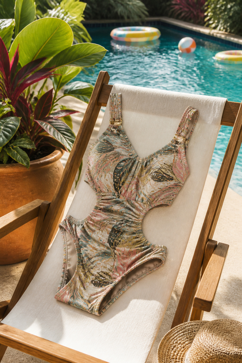 Mom Friendly Bathing Suits: The 2026 Way In, Brand by Brand 1 A colorful one-piece bathing suit on a lounge chair by a pool.