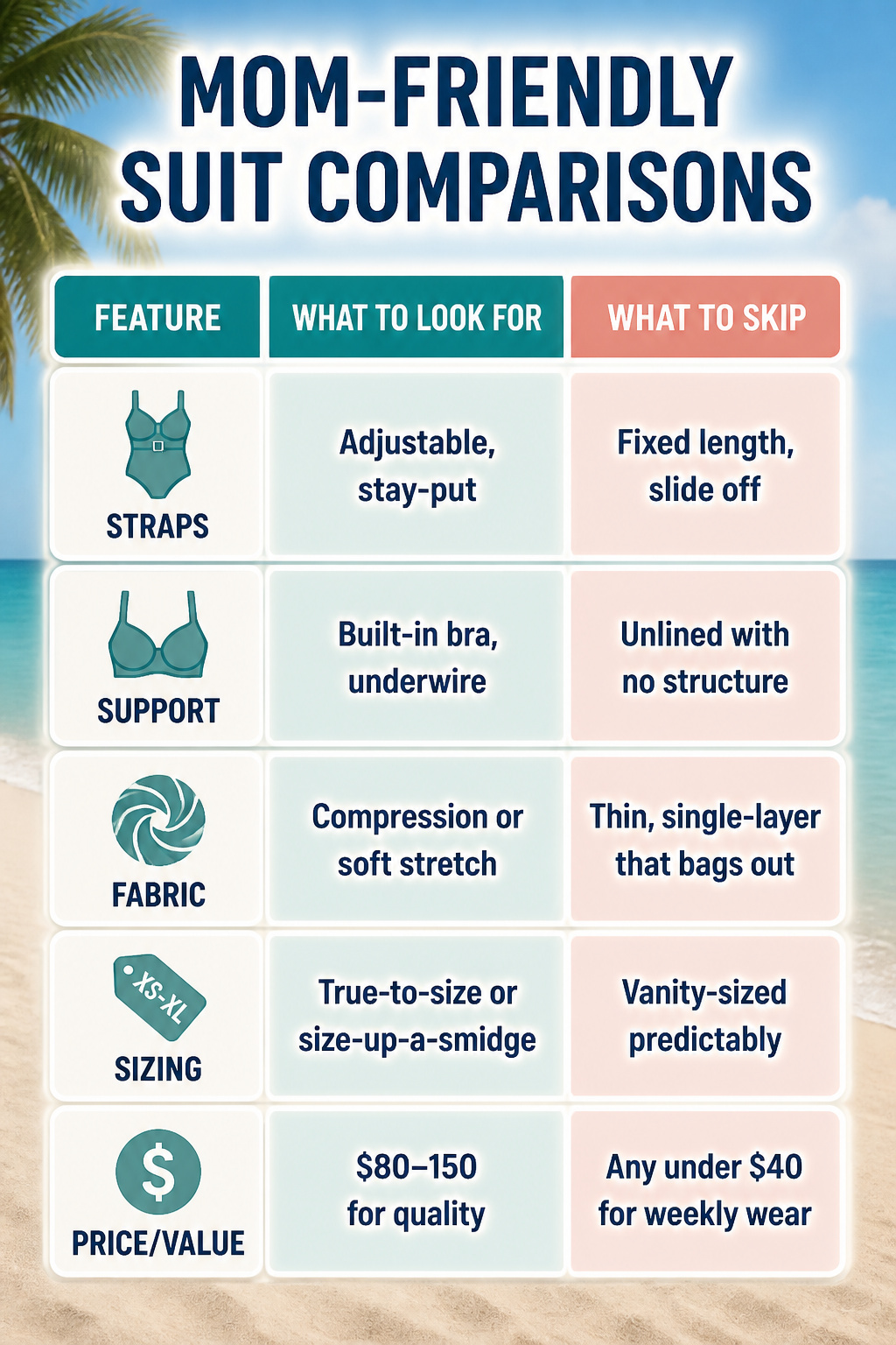 Mom Friendly Bathing Suits: The 2026 Way In, Brand by Brand 10 An infographic comparing various mom-friendly swimsuit features.