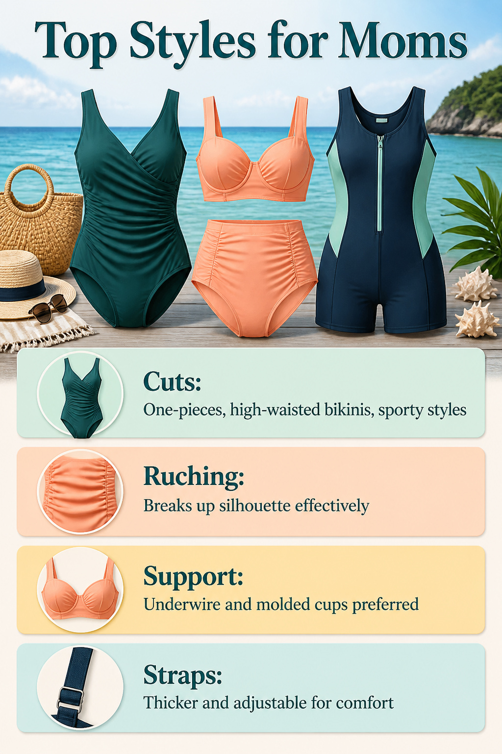 Mom Friendly Bathing Suits: The 2026 Way In, Brand by Brand 11 An infographic highlighting popular swimsuit styles for mothers.