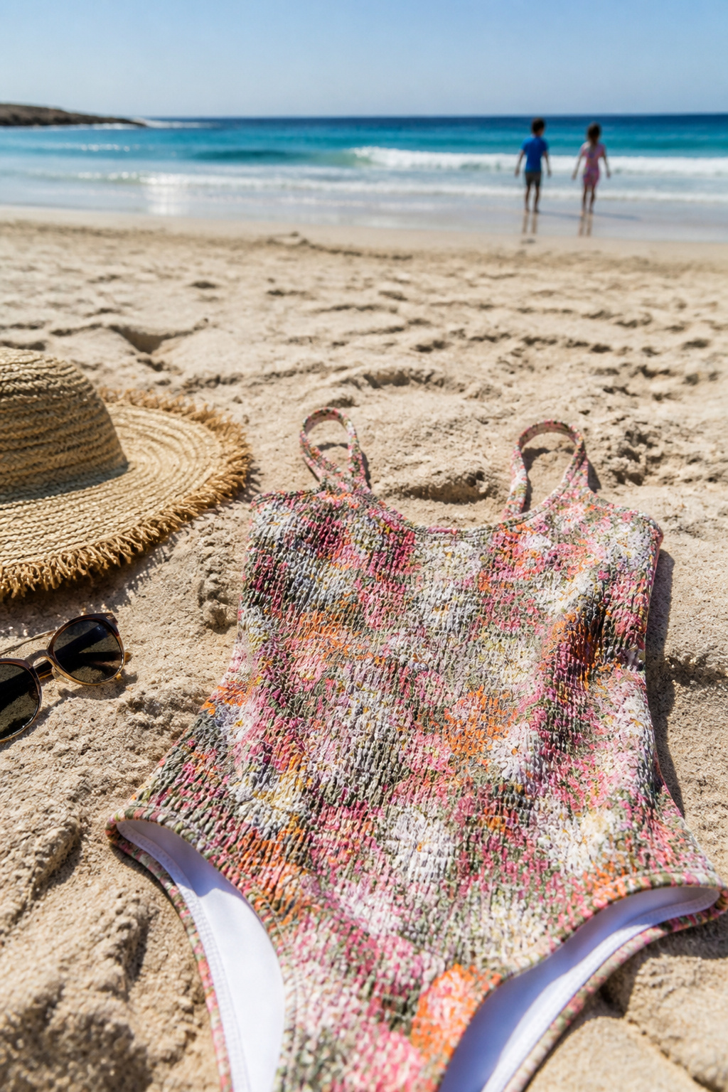 Mom Friendly Bathing Suits: The 2026 Way In, Brand by Brand 3 A textured one-piece bathing suit laid out on a beach.