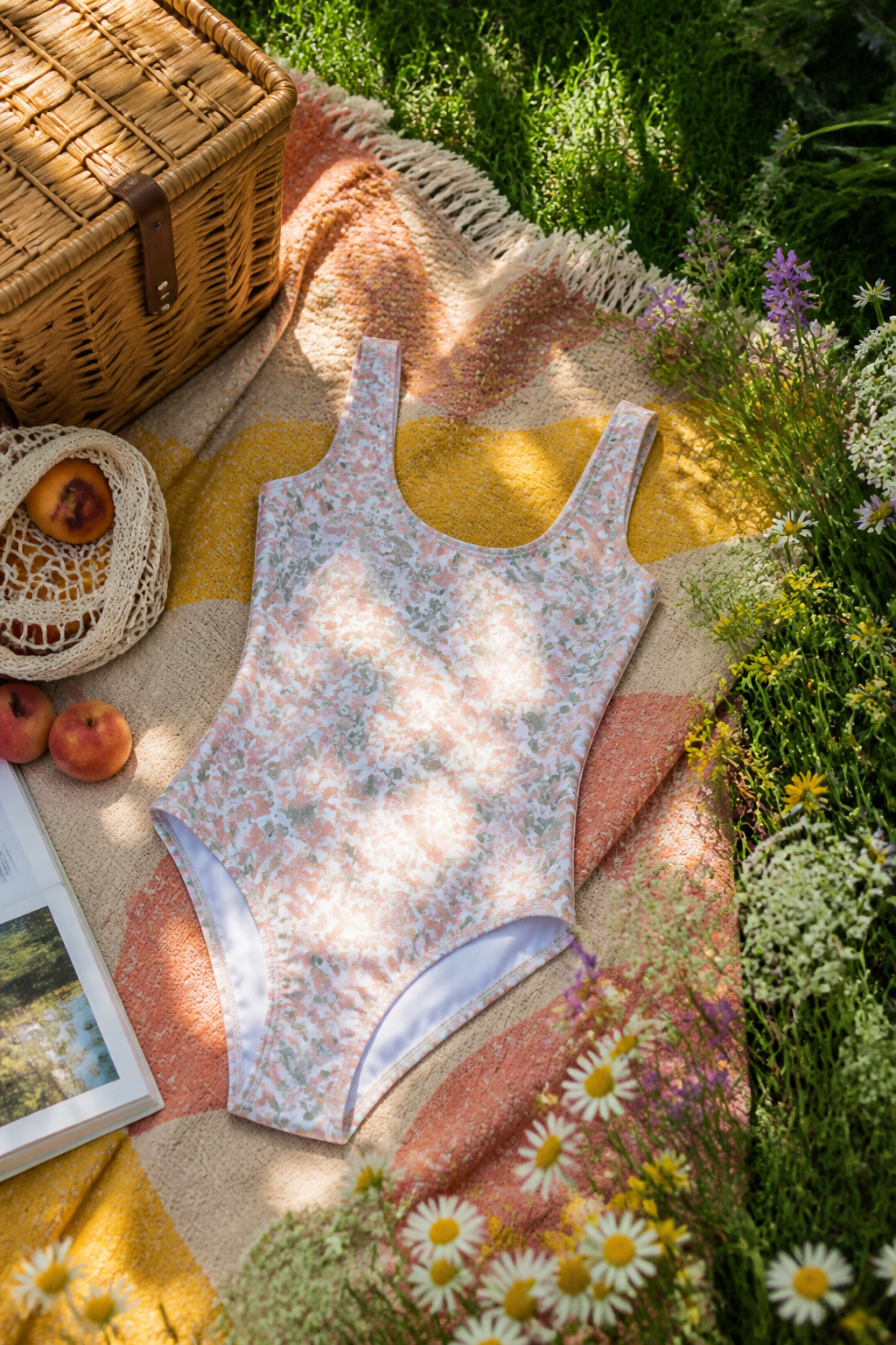 Mom Friendly Bathing Suits: The 2026 Way In, Brand by Brand 7 A pastel floral one-piece bathing suit on grass with wildflowers.