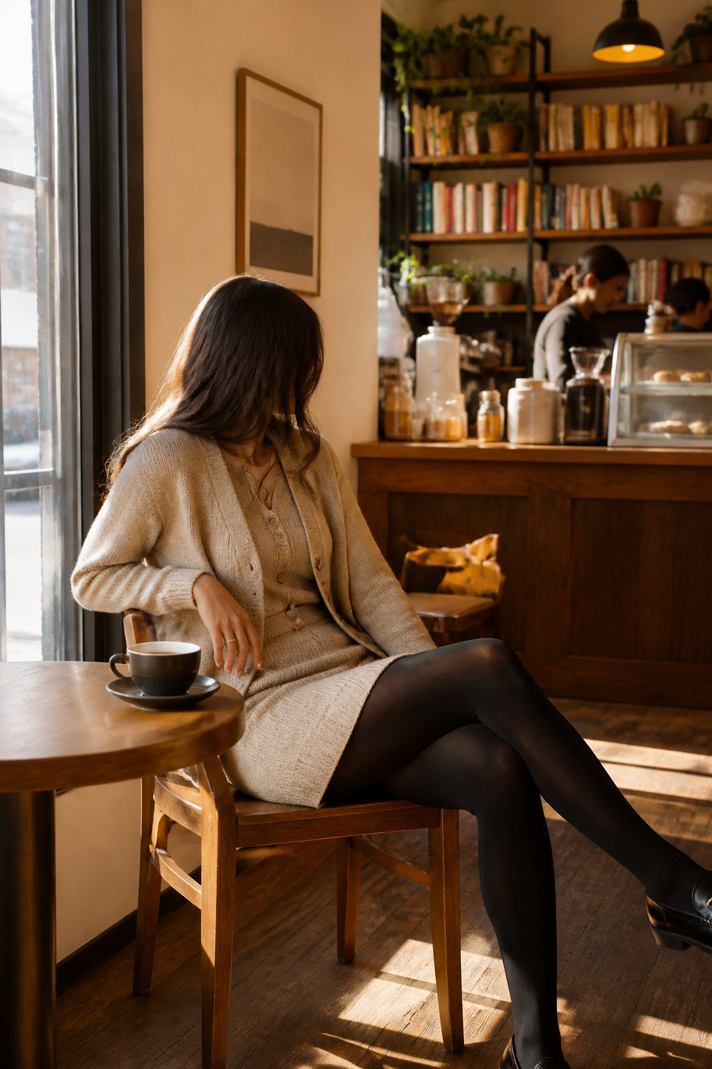 A model in a cozy coffee shop wearing a cardigan set and black tights.
