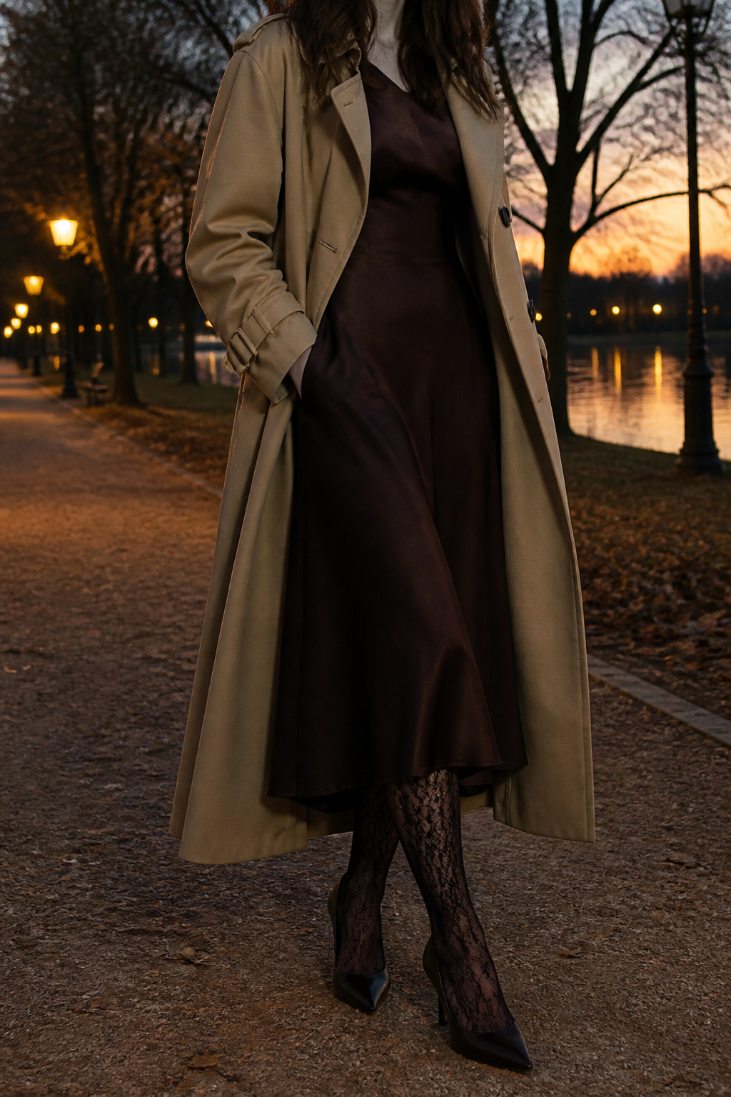 A model in a trench coat and lace tights stands in a park at dusk.
