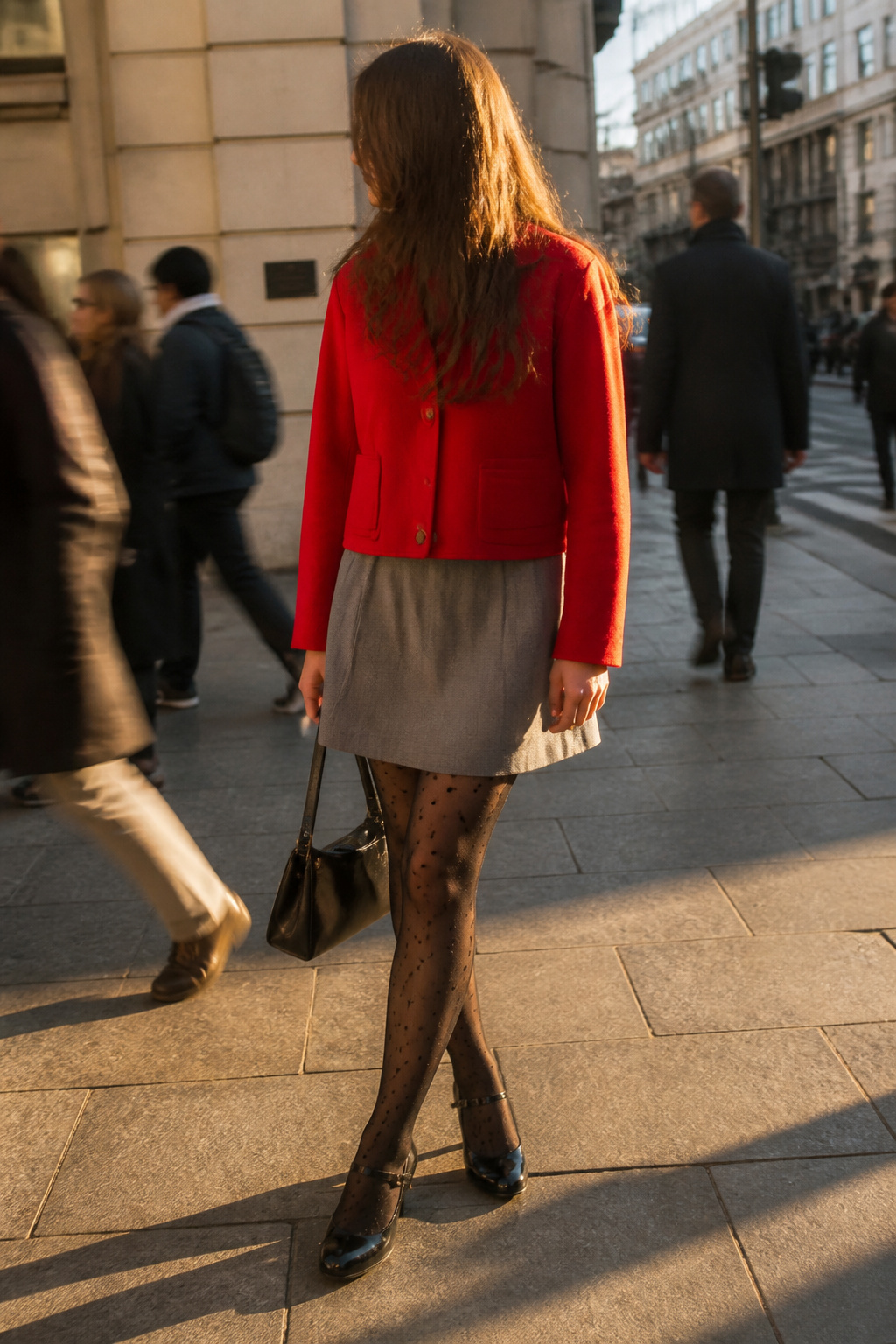 A model wears a red jacket and polka-dot tights with a grey skirt in a city.