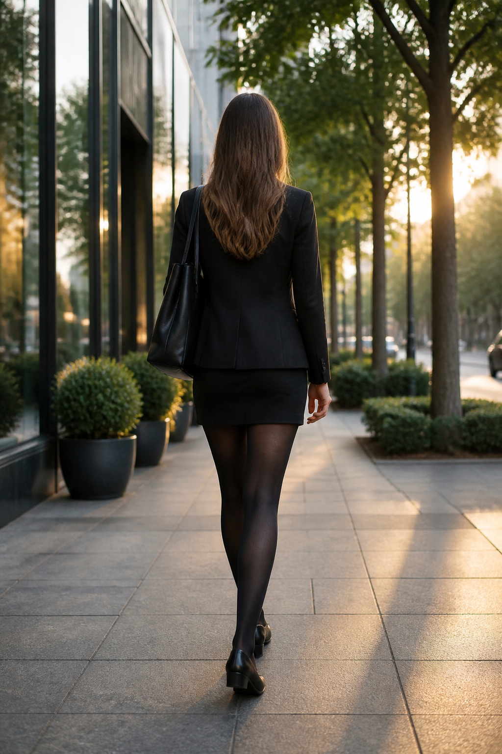 A model in a fitted blazer and black tights strolls along a city sidewalk.