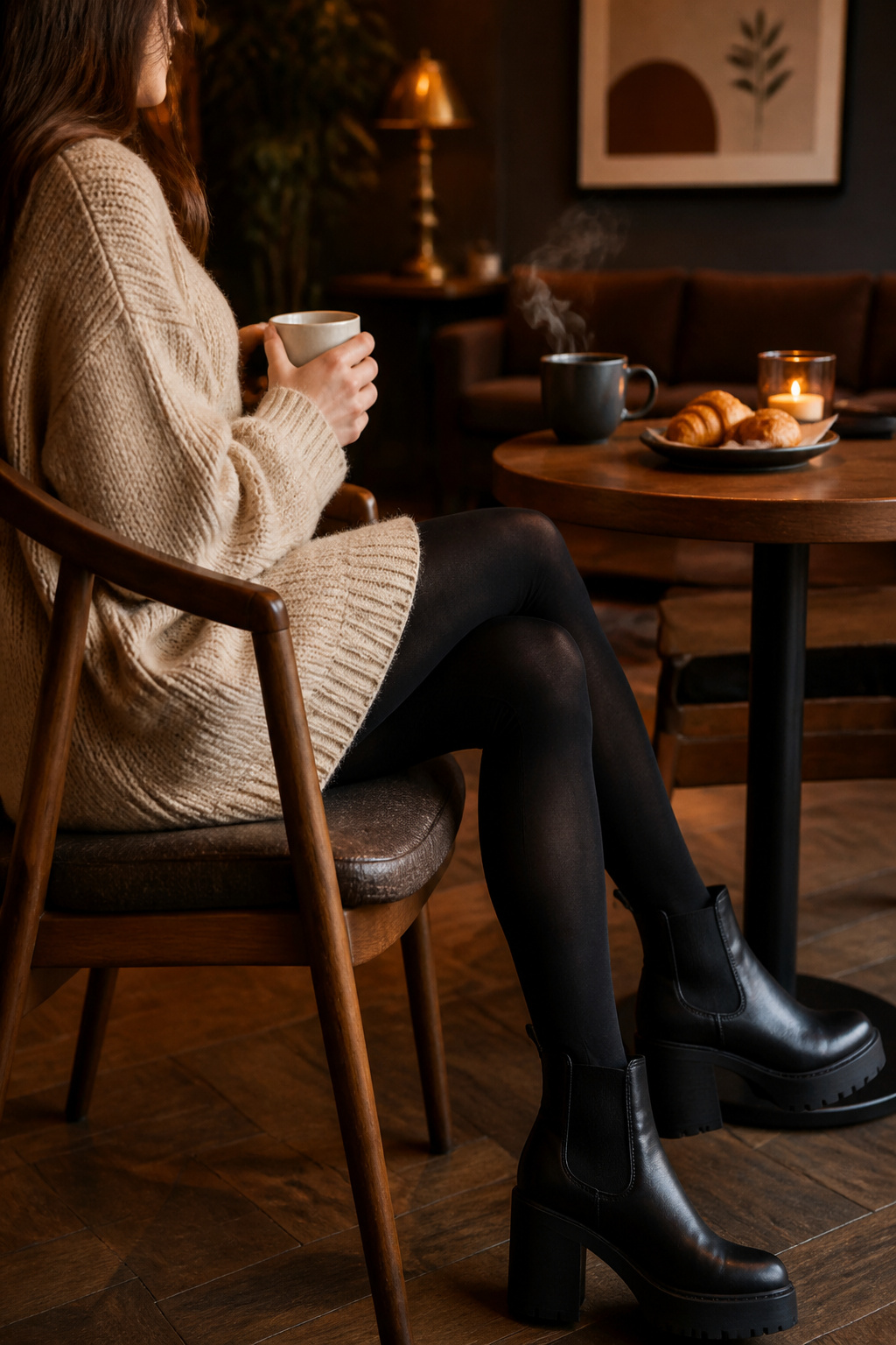 A model in a cozy café wearing a sweater dress and black tights.