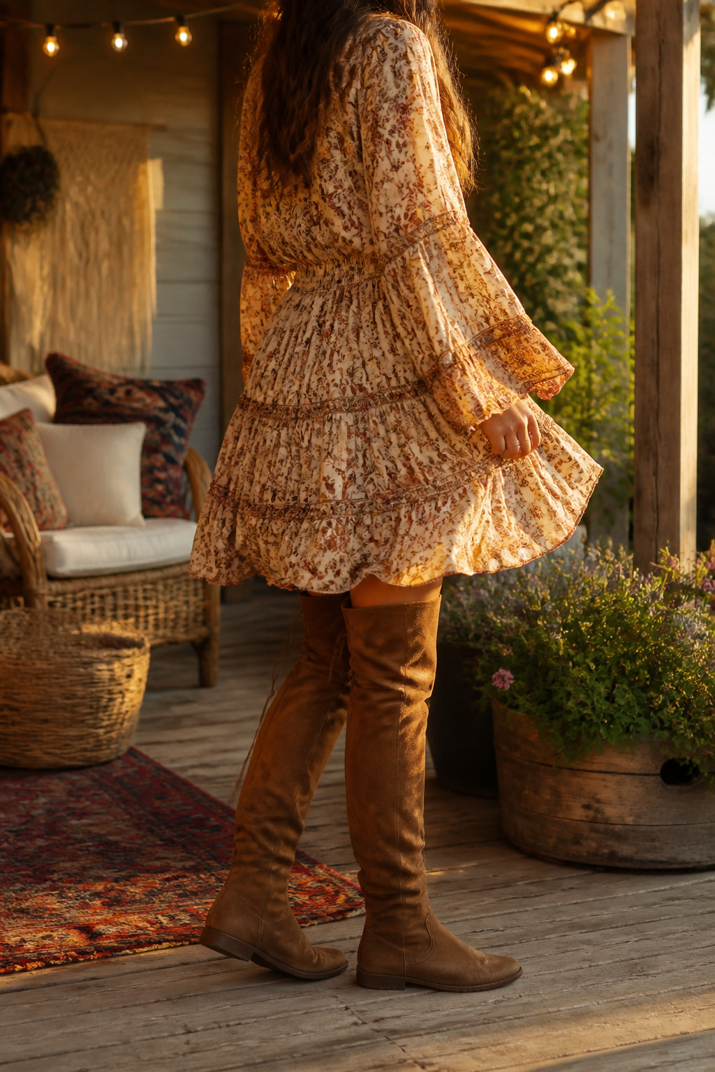 21 Over the Knee Boot Outfits for 2026 7 Boho dress with tiered skirt and flat over-the-knee boots.