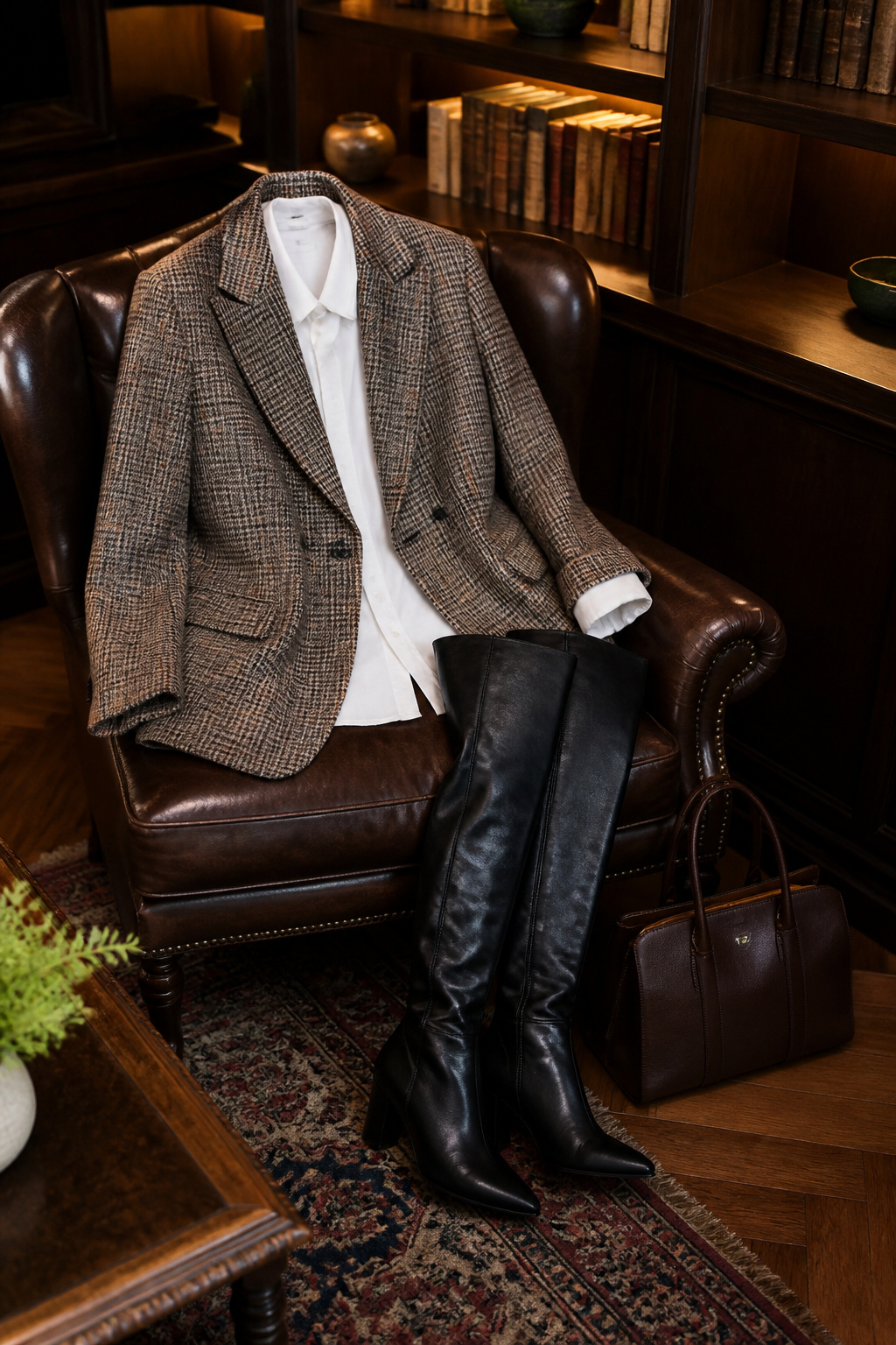 21 Over the Knee Boot Outfits for 2026 8 Plaid blazer and white shirt paired with over-the-knee boots.