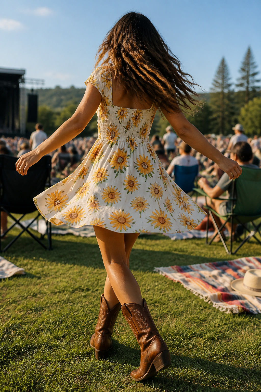 How to Dress for a Pop Concert in 2026 2 A woman wears a floral dress and cowboy boots at a concert venue.