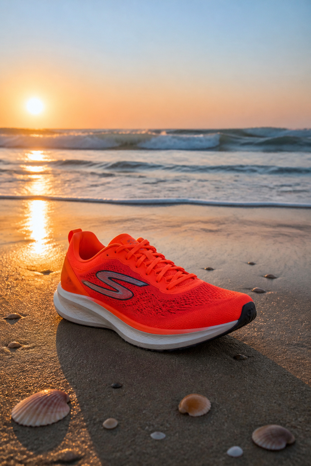Running Shoes: Our Favorite Options for Every Runner in 2026 2 Skechers Aero Razor positioned on damp sand at sunrise.