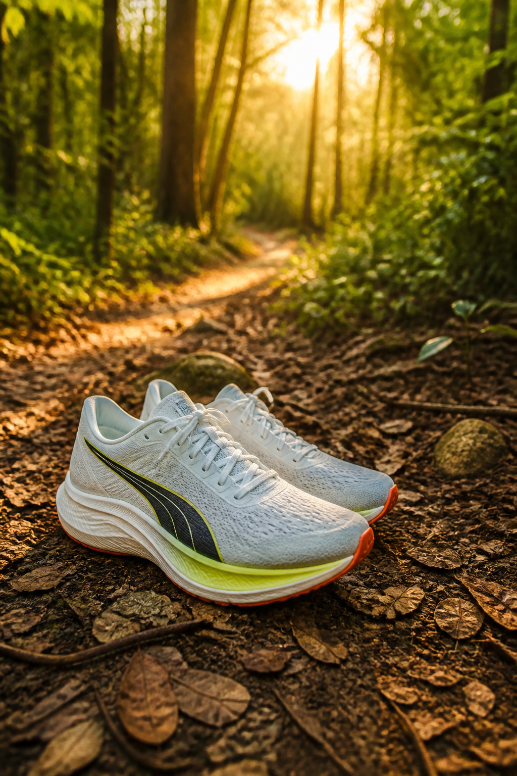 Running Shoes: Our Favorite Options for Every Runner in 2026 4 Puma Deviate Pure Nitro placed on a bed of leaves on a forest trail.