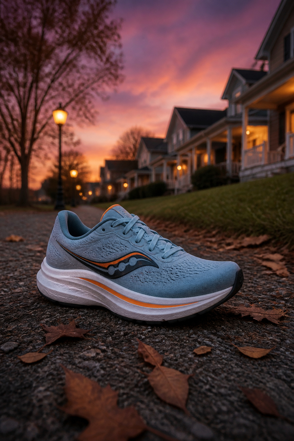 Running Shoes: Our Favorite Options for Every Runner in 2026 5 Saucony Ride 19 displayed on a lightly gravelled road in a neighborhood.