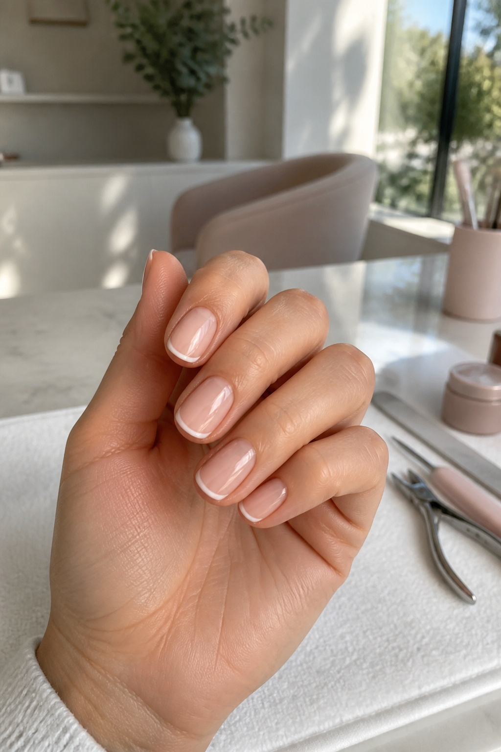 25 Short Nail Ideas for 2026: Designs You Can Actually Try 1 Close-up of short nails with a micro-French design in nude and white.