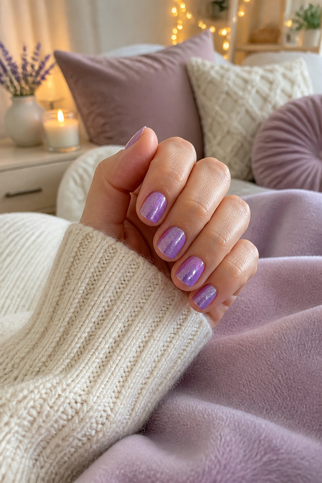 25 Short Nail Ideas for 2026: Designs You Can Actually Try 18 Short nails with a sparkly lilac polish catching the light.