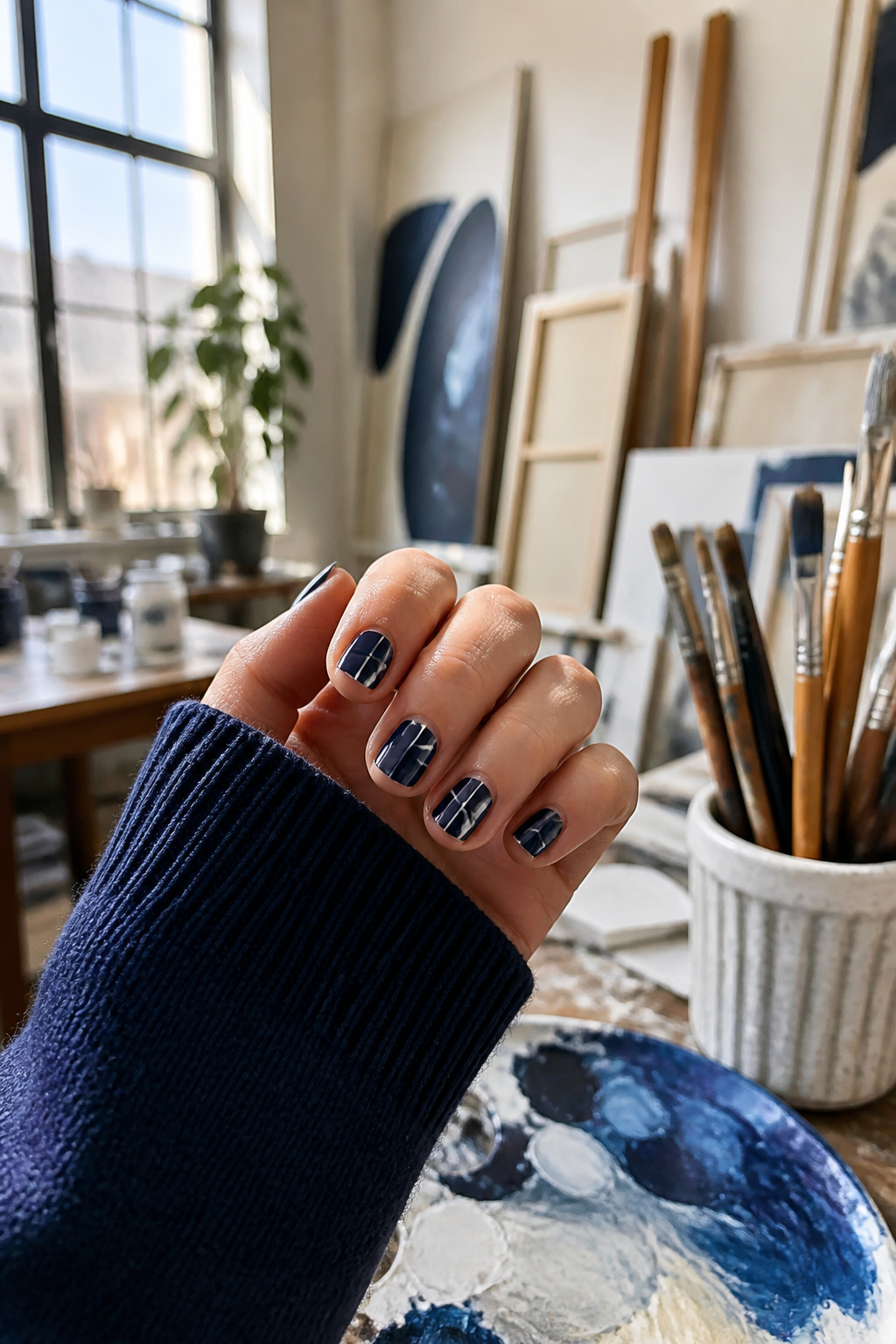 25 Short Nail Ideas for 2026: Designs You Can Actually Try 19 Short nails featuring geometric white lines on a navy blue base.