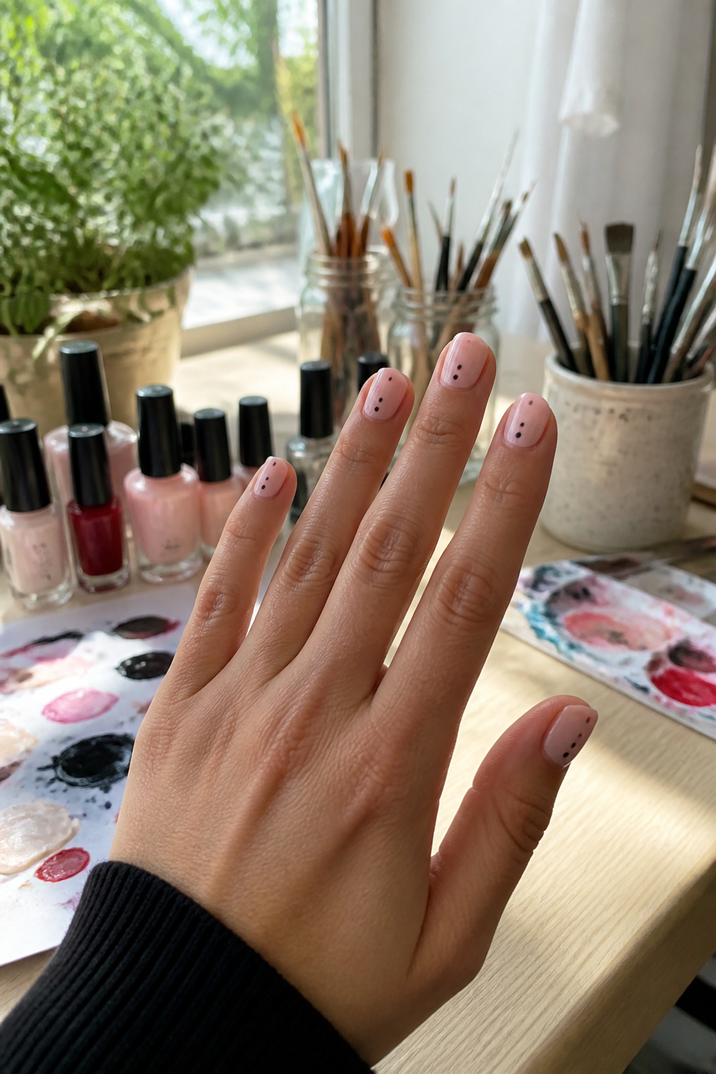 25 Short Nail Ideas for 2026: Designs You Can Actually Try 2 Short nails with tiny black polka dots on a pale pink background.