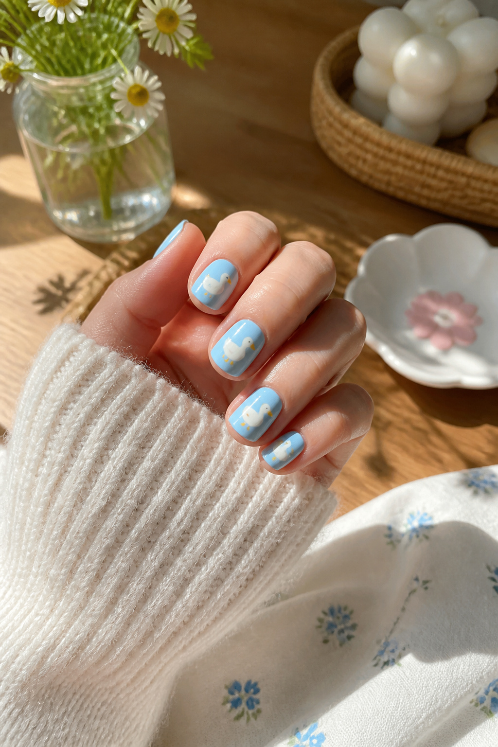 25 Short Nail Ideas for 2026: Designs You Can Actually Try 20 Short nails with tiny white duck designs on a pastel blue background.