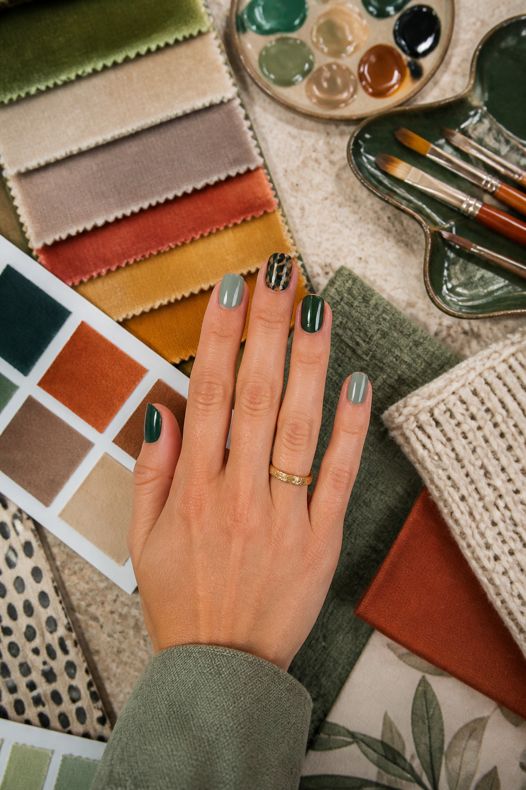 25 Short Nail Ideas for 2026: Designs You Can Actually Try 21 Short nails featuring green shades and a single leopard print accent.