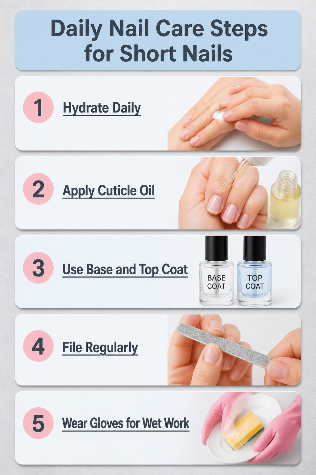 25 Short Nail Ideas for 2026: Designs You Can Actually Try 27 Illustration of daily nail care steps for short nails.