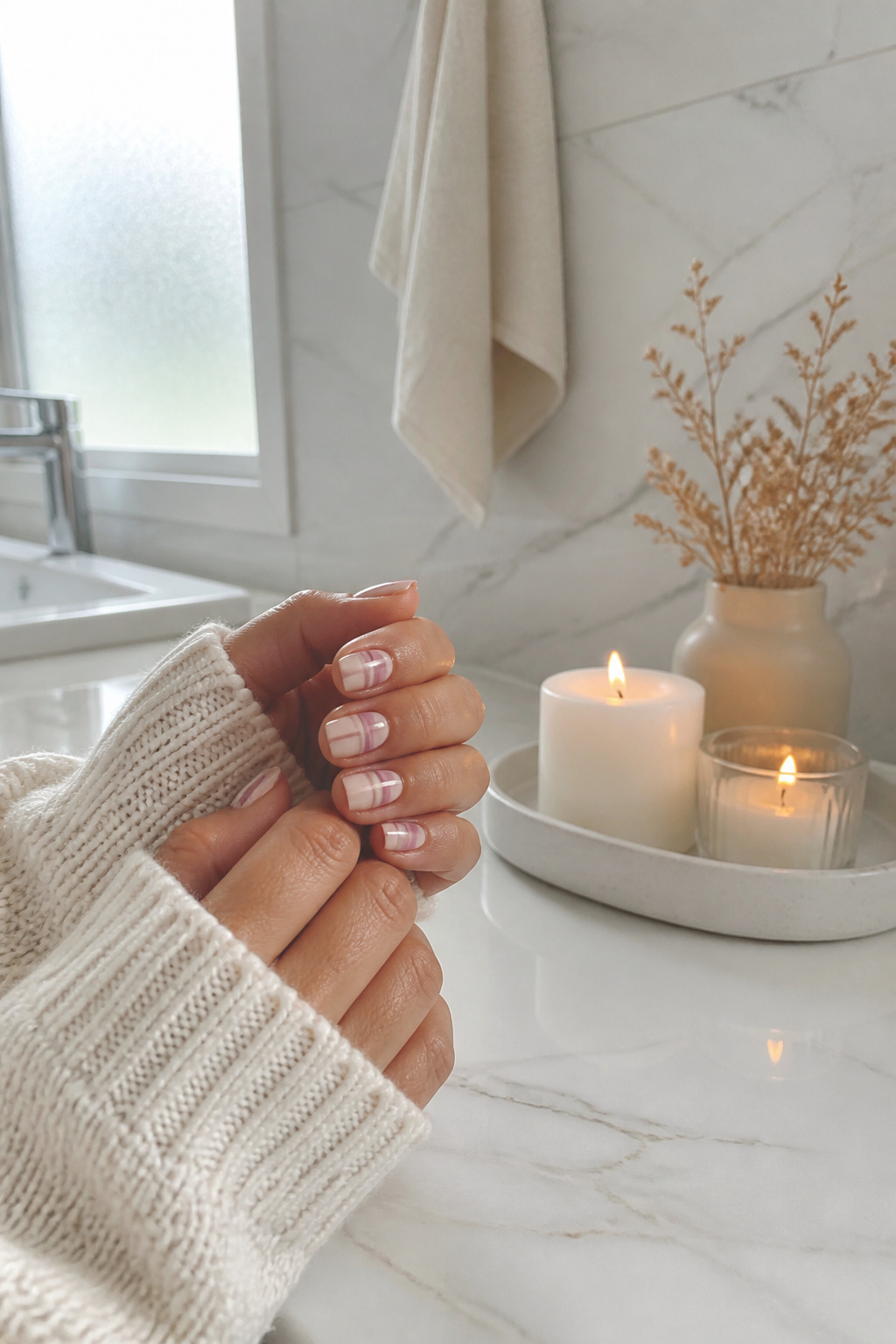 25 Short Nail Ideas for 2026: Designs You Can Actually Try 4 Short nails painted with vertical stripes of mauve and pale pink.