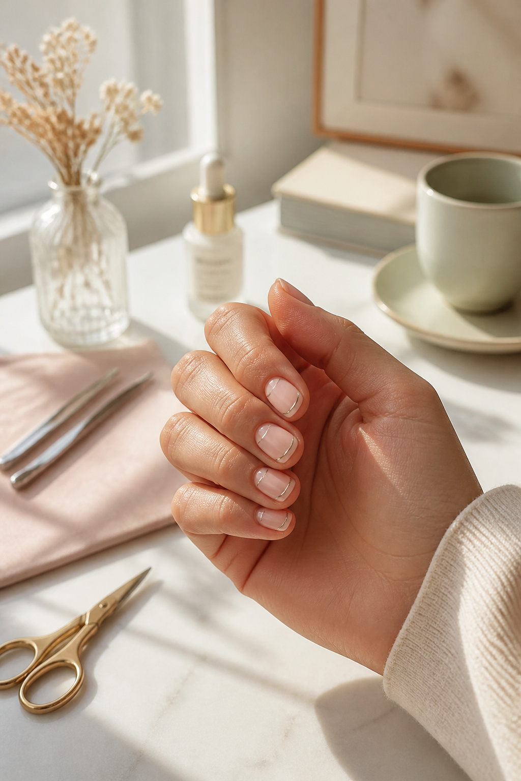 25 Short Nail Ideas for 2026: Designs You Can Actually Try 7 Short nails showcasing metallic lunula designs on a pale pink base.