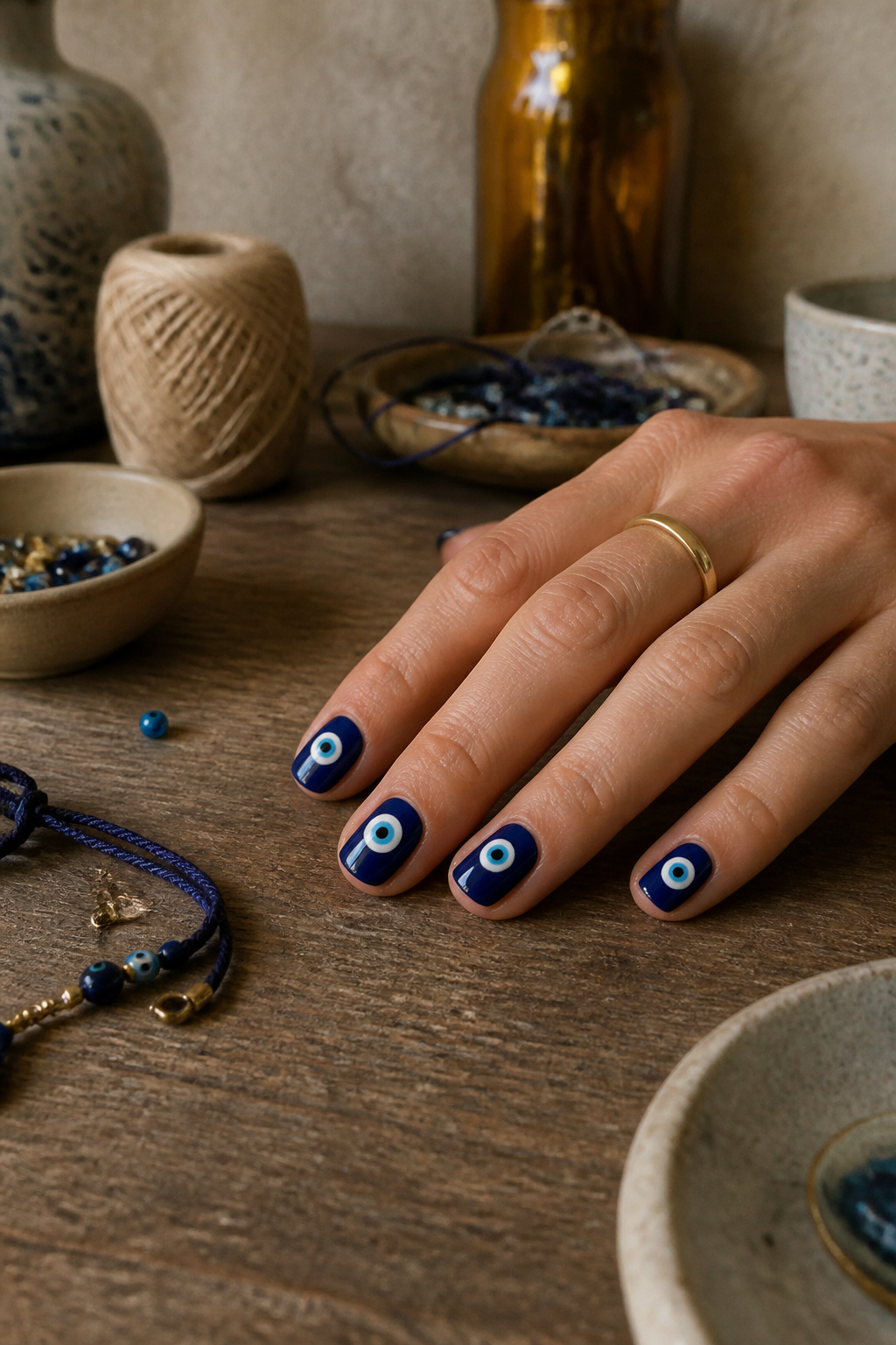 25 Short Nail Ideas for 2026: Designs You Can Actually Try 9 Short nails displaying concentric evil eye motifs in navy and white.
