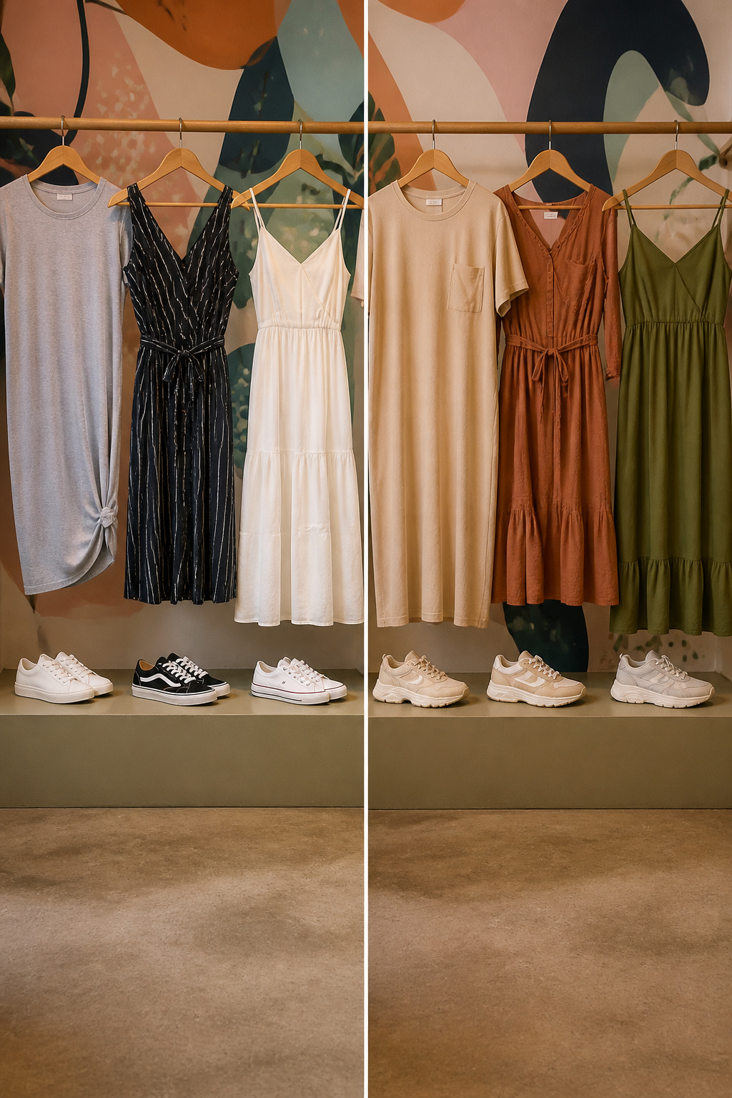 A variety of dresses suitable for pairing with sneakers.
